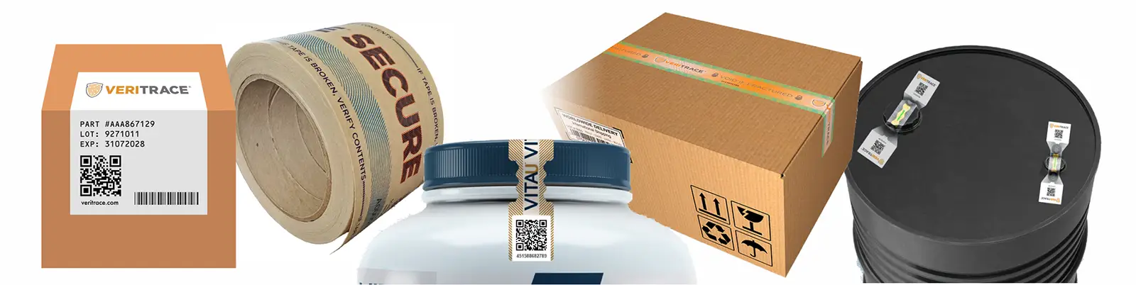 An assortment of products using VeriTrace labels, tapes, and seals.